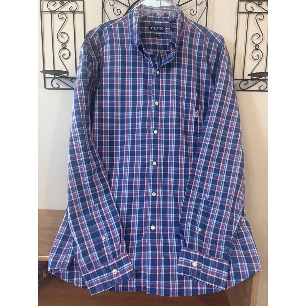 CHAPS Men's XXL Easy Care Red/White/Blue Long Sleeve Plaid Button Down Shirt EUC